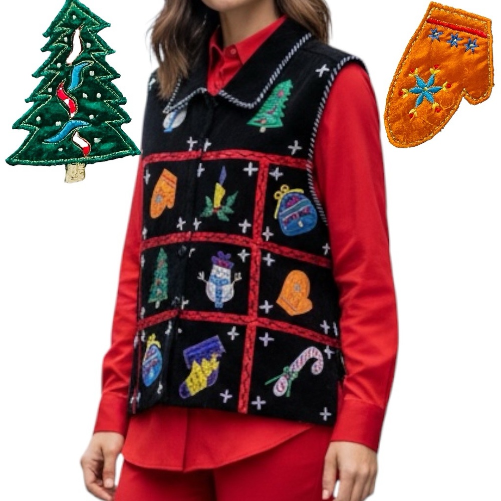 Christmas Vest Corduroy Embroidery Collared Button Up Women’s Jacket Sz XL